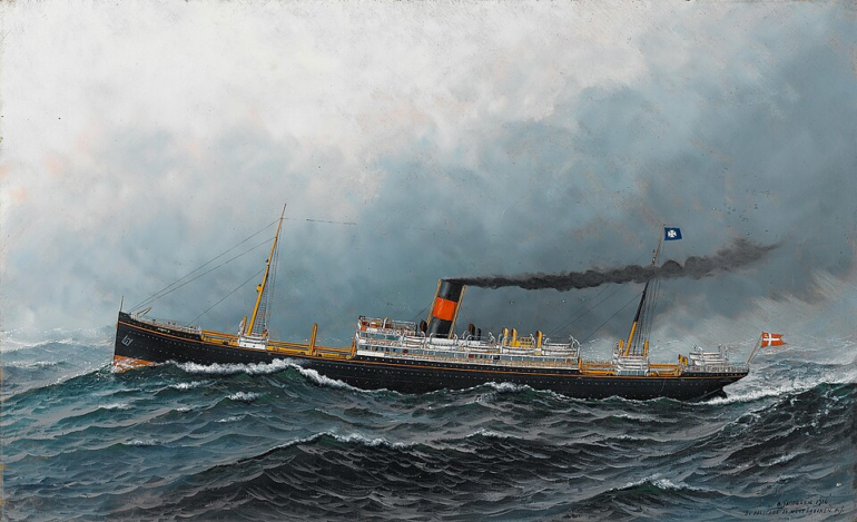 The painting by Antonio Jacobsen of "The North Atlantic liner Oscar II at sea" from 1910.